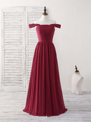 Evening Dress Elegant, Burgundy Chiffon Off Shoulder Long Prom Dress Burgundy Bridesmaid Dress