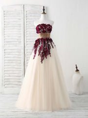 Party Dresses Designs, Burgundy Lace Applique Tulle Long Prom Dress Burgundy Bridesmaid Dress