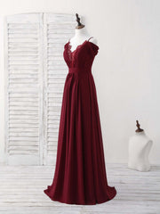 Evening Dresses Princess, Burgundy Lace Chiffon Long Prom Dress Burgundy Bridesmaid Dress