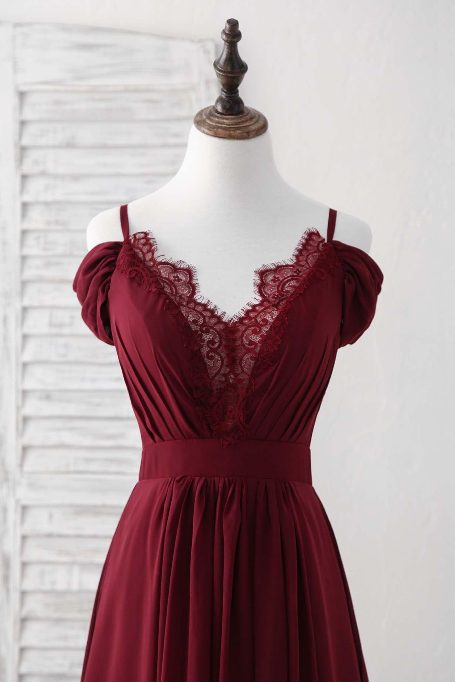 Evening Dresses 2025, Burgundy Lace Chiffon Long Prom Dress Burgundy Bridesmaid Dress