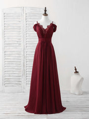 Evening Dress Simple, Burgundy Lace Chiffon Long Prom Dress Burgundy Bridesmaid Dress