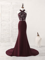 Party Dress For Christmas Party, Burgundy Lace Mermaid Long Prom Dress Burgundy Bridesmaid Dress