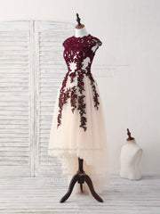 Party Dress Black, Burgundy Lace Tulle High Low Prom Dress Burgundy Bridesmaid Dress