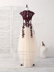 Party Dress Large Size, Burgundy Lace Tulle High Low Prom Dress Burgundy Bridesmaid Dress