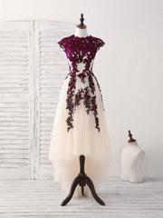 Party Dresses Summer Dresses, Burgundy Lace Tulle High Low Prom Dress Burgundy Bridesmaid Dress