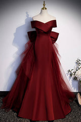 Evening Dresses With Sleeves, Burgundy Mermaid Long Prom Dress, Off the Shoulder V-Neck Formal Evening Dress