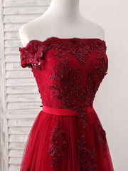 Party Dress Shopping, Burgundy Off Shoulder Tulle Lace Applique Long Prom Dress, Evening Dress