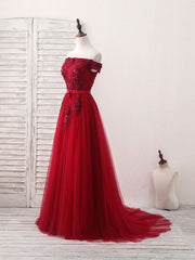 Party Dress Shop, Burgundy Off Shoulder Tulle Lace Applique Long Prom Dress, Evening Dress