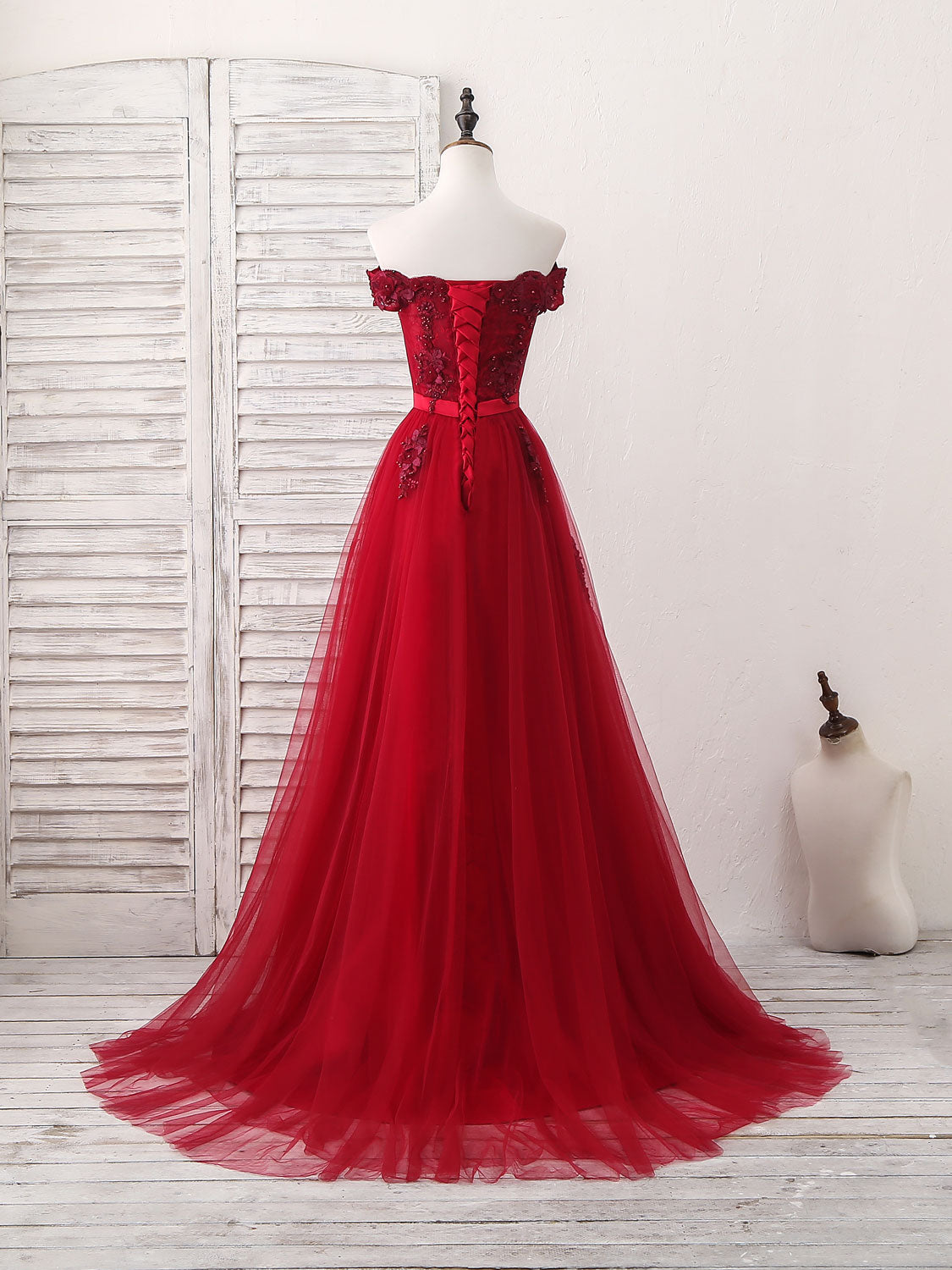Party Dress Shops, Burgundy Off Shoulder Tulle Lace Applique Long Prom Dress, Evening Dress