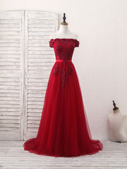 Party Dresses Outfits, Burgundy Off Shoulder Tulle Lace Applique Long Prom Dress, Evening Dress