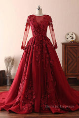 Short Wedding Dress, Burgundy round neck lace long prom dress burgundy evening dress