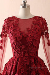 Bridal Bouquet, Burgundy round neck lace long prom dress burgundy evening dress