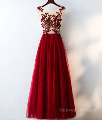 Evening Dresses Unique, Burgundy round neck tulle lace long prom dress, bridesmaid dress