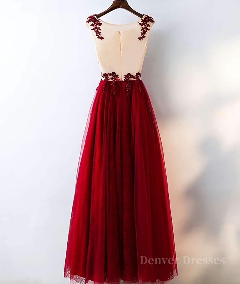 Evening Dresses Gowns, Burgundy round neck tulle lace long prom dress, bridesmaid dress