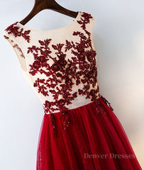 Evening Dresses Simple, Burgundy round neck tulle lace long prom dress, bridesmaid dress