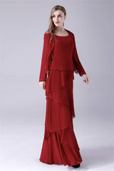 Bridesmaid Dress By Color, Burgundy Ruffles Chiffon Mother of the Bride Dresses With Jacket