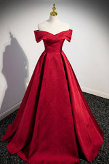 Classy Gown, Burgundy Satin Long Prom Dress, Off Shoulder Evening Party Dress