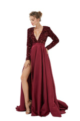Hoco Dress, Sequined Satin A Line Front Slit V Neck Full Sleeve Sweep Train Long Prom Dresses