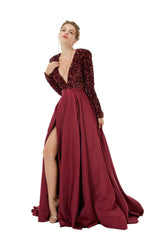 Elegant Dress, Sequined Satin A Line Front Slit V Neck Full Sleeve Sweep Train Long Prom Dresses