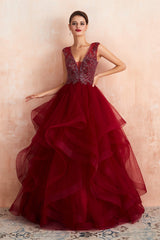Party Dress Satin, Burgundy Sleeveless Aline Puffy Tulle Prom Dresses with Sequins