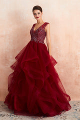 Party Dress India, Burgundy Sleeveless Aline Puffy Tulle Prom Dresses with Sequins