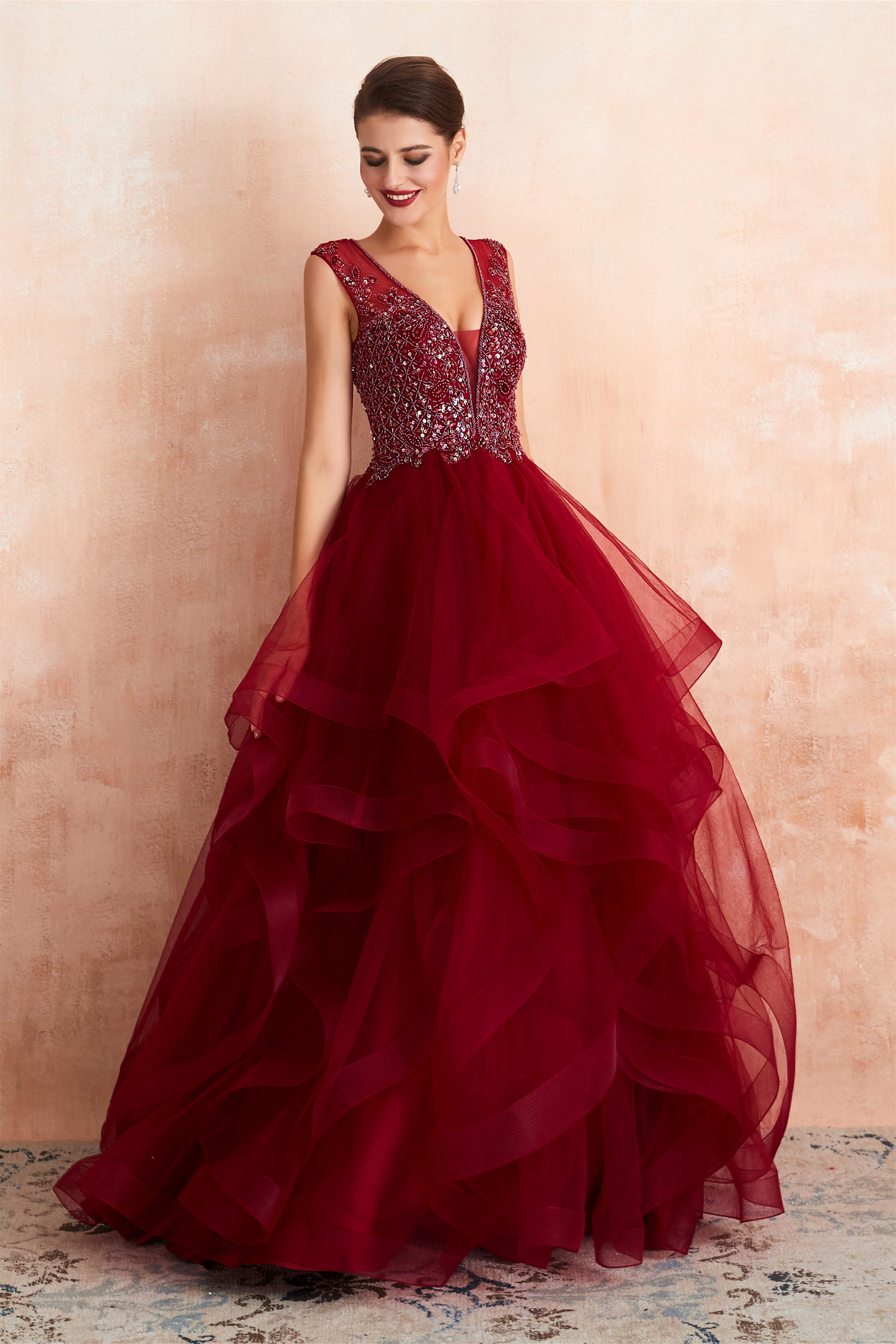 Party Dresses Clubwear, Burgundy Sleeveless Aline Puffy Tulle Prom Dresses with Sequins