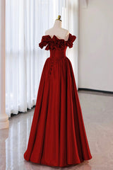 Bridesmaid Propos, Burgundy Strapless Satin Long Prom Dress, A-Line Evening Party Dress