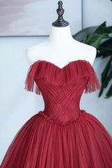 Formal Dress Modest, Burgundy Strapless Tulle Long Formal Dress, Sweetheart Neckline Evening Dress