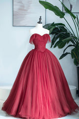 Formal Dress With Embroidered Flowers, Burgundy Strapless Tulle Long Formal Dress, Sweetheart Neckline Evening Dress