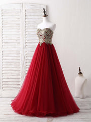 Homecoming, Burgundy Sweetheart Neck Lace Applique Tulle Long Prom Dresses
