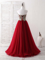 Formal Dress Short, Burgundy Sweetheart Neck Lace Applique Tulle Long Prom Dresses