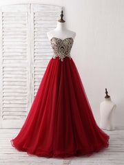 Cute Summer Dress, Burgundy Sweetheart Neck Lace Applique Tulle Long Prom Dresses