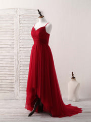 Evening Dress 1923, Burgundy Sweetheart Neck Tulle High Low Prom Dress, Burgundy Formal Dress