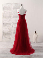 Evening Dress Modest, Burgundy Sweetheart Neck Tulle High Low Prom Dress, Burgundy Formal Dress