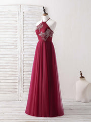 Formal, Burgundy Tulle Beads Long Prom Dress Burgundy Evening Dress