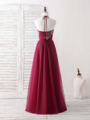 Short Formal Dress, Burgundy Tulle Beads Long Prom Dress Burgundy Evening Dress