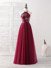 Boho Dress, Burgundy Tulle Beads Long Prom Dress Burgundy Evening Dress