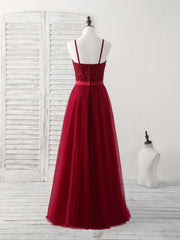 Evening Dresses Wholesale, Burgundy Tulle Lace Long Prom Dress, Burgundy Bridesmaid Dress