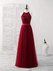 Evening Dresses Elegant, Burgundy Tulle Lace Long Prom Dress, Burgundy Bridesmaid Dress