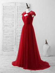 Formal Dresses With Tulle, Burgundy Tulle Lace Long Prom Dress Burgundy Evening Dress