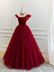 Bridesmaid Dress Vintage, Burgundy tulle lace long prom dress, burgundy tulle evening dress