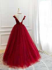 Bridesmaids Dresses Vintage, Burgundy tulle lace long prom dress, burgundy tulle evening dress