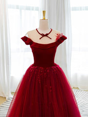 Bridesmaid Dress Winter, Burgundy tulle lace long prom dress, burgundy tulle evening dress
