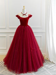 Bridesmaid Dresses For Winter Wedding, Burgundy tulle lace long prom dress, burgundy tulle evening dress
