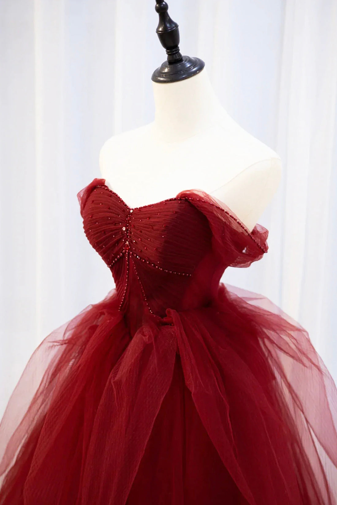 Party Dress New, Burgundy Tulle Long Prom Dress with Beaded, Burgundy Off Shoulder Evening Dress
