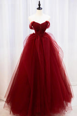 Party Dress Look, Burgundy Tulle Long Prom Dress with Beaded, Burgundy Off Shoulder Evening Dress