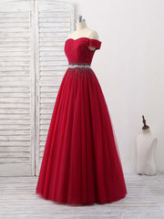 Midi Dress, Burgundy Tulle Sweetheart Neck Long Prom Dress, Burgundy Evening Dress