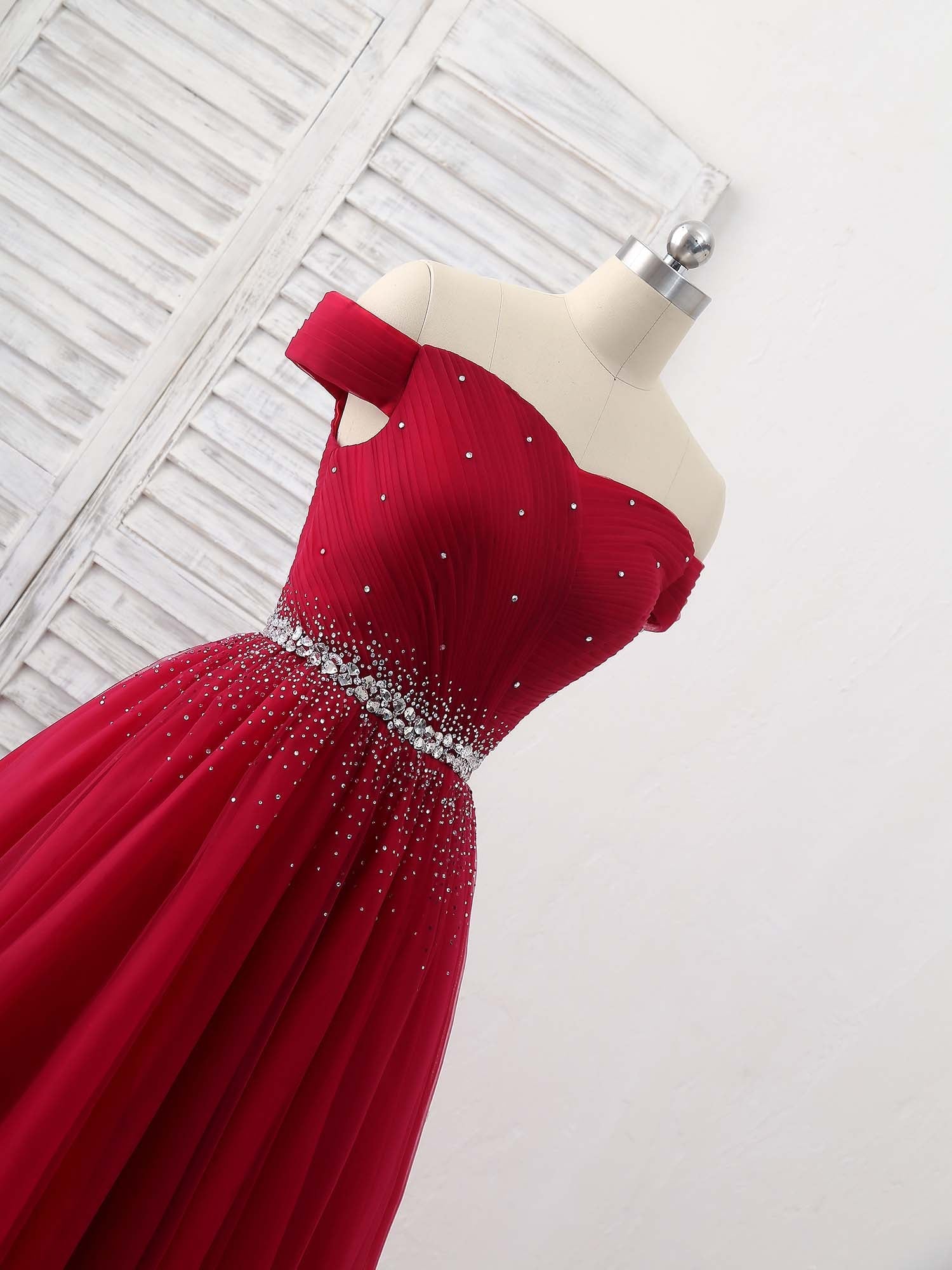 Elegant Prom Dress, Burgundy Tulle Sweetheart Neck Long Prom Dress, Burgundy Evening Dress