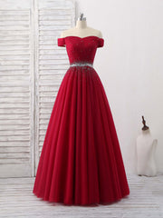 Simple Prom Dress, Burgundy Tulle Sweetheart Neck Long Prom Dress, Burgundy Evening Dress
