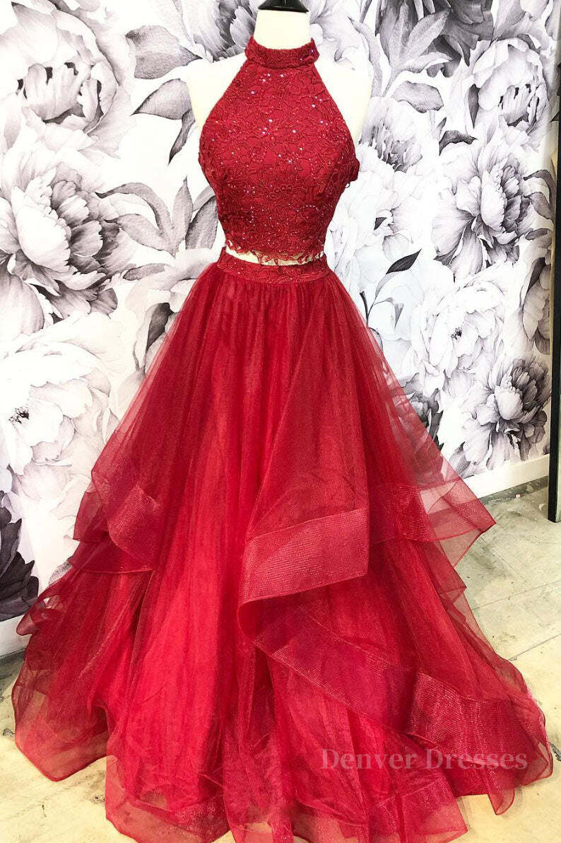 Prom Dresses 2054 Cheap, Burgundy two pieces tulle lace long prom dress, lace evening dress